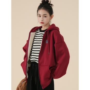 加絨加厚連帽衛衣女2023秋冬新款羊羔絨寬松大碼拉鏈開衫長袖外套