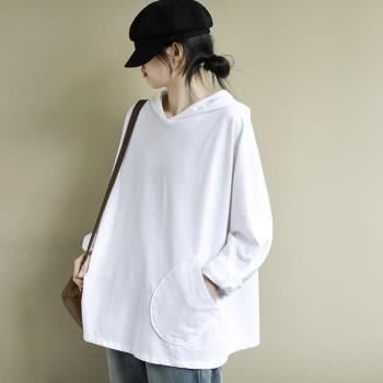 大碼春秋款女裝新款長袖白色t恤女連帽衛衣女2023新款春季上衣女