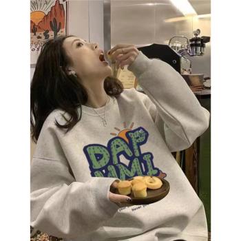 純棉美式復古vibe風衛衣女加絨加厚款秋冬季慵懶風銀狐絨圓領上衣