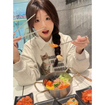 貓咪純棉灰色圓領衛衣女秋冬季慵懶風oversize寬松學生小個子上衣