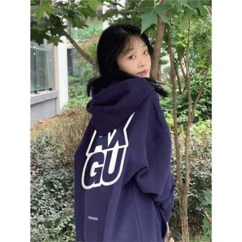 美式小眾重磅加絨加厚衛衣女初秋時尚百搭新款連帽衛衣潮牌上衣女