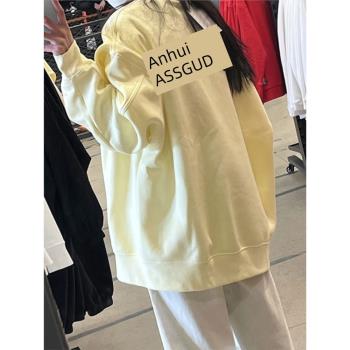 2024新款小眾奶黃色加絨加厚圓領衛衣女冬季美式高街印花寬松上衣