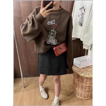 chic韓國設計感減齡卡通字母短款衛衣女寬松小個子上衣潮2024新款