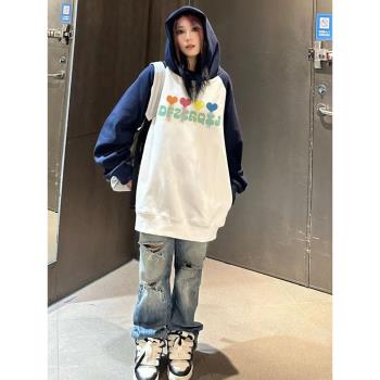 秋冬款ins風美式別致漂亮重磅加絨加厚原宿插肩薄款連帽衛衣女潮