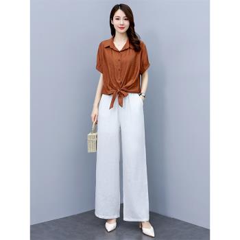 洋氣休閑減齡寬松亞麻闊腿褲夏裝