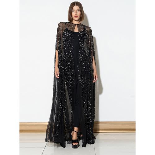 TWOTWINSTYLE歐美星空亮片網紗斗篷外套黑色吊帶連衣裙披肩兩件套