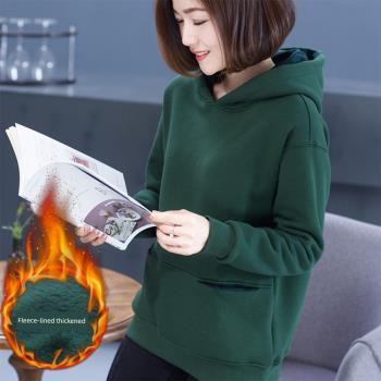 韓版秋冬中年純棉帶帽連帽衛衣加厚加絨女大碼寬松加肥時尚外套