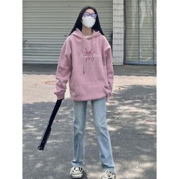 2024新款粉紅色加絨加厚連帽衛衣女外套oversize秋冬美式重磅上衣