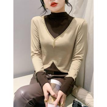 加厚磨毛打底衫女裝秋冬歐洲站洋氣釘珠上衣半高領內搭長袖T恤潮