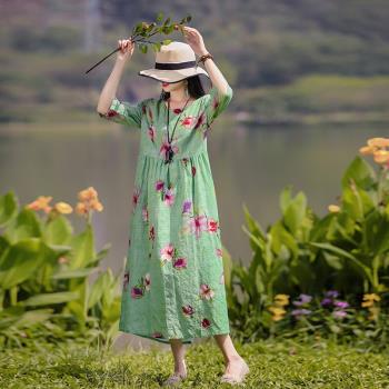 民族風棉麻大碼寬松氣質顯瘦過膝長裙女夏裝媽媽印花五分袖連衣裙