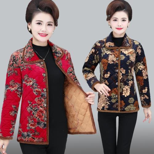 秋冬媽媽裝絲絨短棉衣翻領輕薄保暖棉服中老年女夾棉襯衫加絨外套