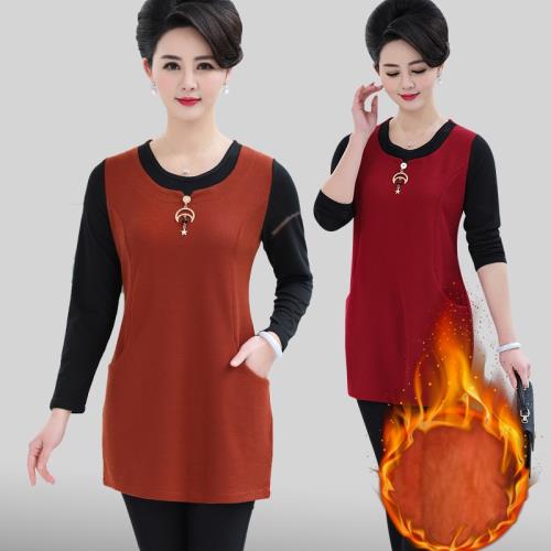 媽媽秋裝長袖上衣中長款中年婦女T恤大碼中老年人秋冬加絨打底衫