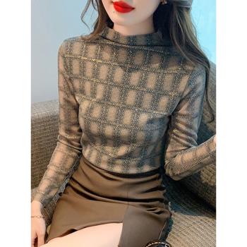 半高領網紗打底衫女秋冬新款歐洲站洋氣格子修身百搭加絨加厚上衣