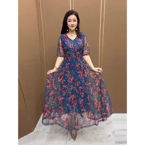 夏季媽媽裝日常跳舞演出長裙寬松舒適修飾腰形洋氣過膝套頭大擺裙