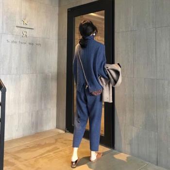 2023秋冬洋氣慵懶風寬松毛衣套裝女高領針織衫闊腿褲休閑兩件套潮