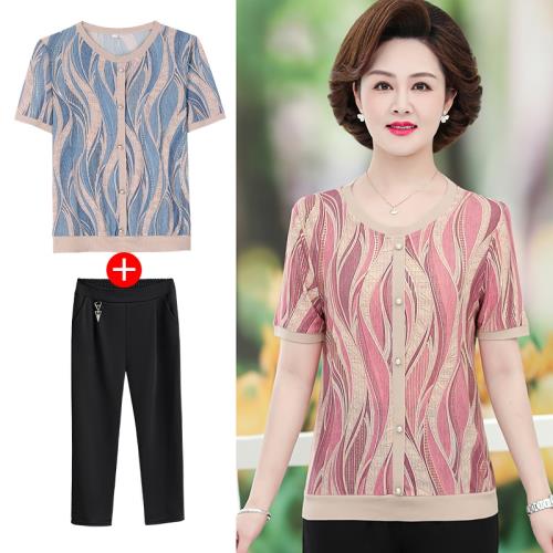 中年媽媽夏裝套裝洋氣2025新款50歲中老年女夏季短袖T恤上衣大碼