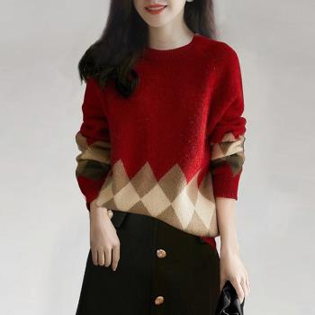 【現貨】紅色羊絨衫菱格寬松加厚毛衣圓領針織衫女2025春秋季新款