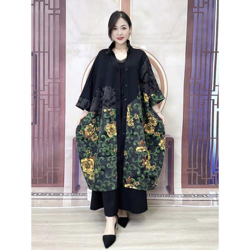 闊太太羊絨提花外套秋冬新款闊版減齡氣質拼色風衣200斤時髦大衣