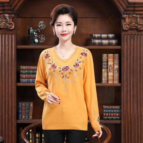 虧本清倉榮瀾媽媽毛衣珠繡羊毛衫秋冬優雅中年女裝羊絨衫V領寬松