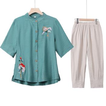 媽媽夏裝兩件套裝純棉洋氣50歲中老年女夏季襯衫棉麻短袖t恤上衣