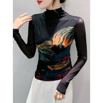 歐洲站秋冬新款復古印花網紗T恤女長袖修身內搭上衣高領打底衫潮