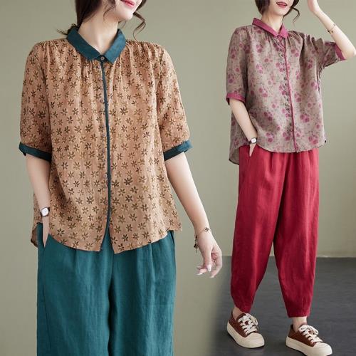 中老年女夏裝媽媽洋氣大碼印花開衫襯衣休閑寬松棉麻九分褲兩件套