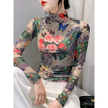 歐貨小衫高領網紗T恤女長袖秋冬新款復古印花上衣緊身內搭打底衫