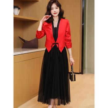 新中式套裝春季紅色兩件套裙裝結婚衣服喜婆婆2024年媽媽婚宴禮服