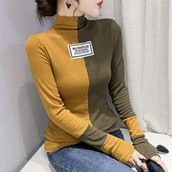 加厚磨毛打底衫女秋冬歐洲站中老年撞色上衣高領內搭長袖T恤女潮
