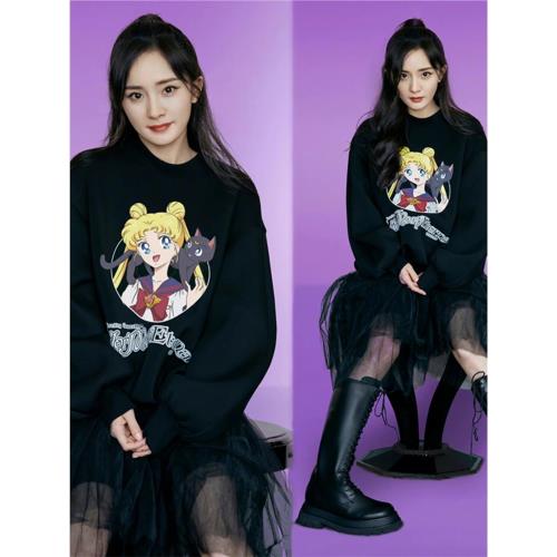 楊冪同款美少女系列清倉韓版加絨加厚打底圓領長袖套頭衛衣情侶衫