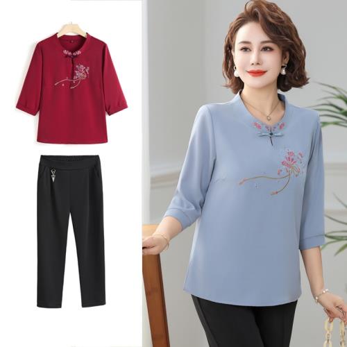 媽媽春秋長袖套裝洋氣2025新款中老年女裝夏季短袖t恤衫上衣減齡