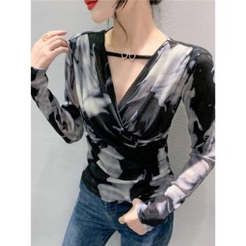 歐貨性感V領蕾絲衫女秋冬性感交叉V領褶皺長袖上衣緊身收腰打底衫