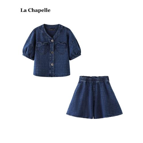拉夏貝爾/La Chapelle夏季泡泡袖短袖牛仔襯衫高腰短裙褲倆件套女