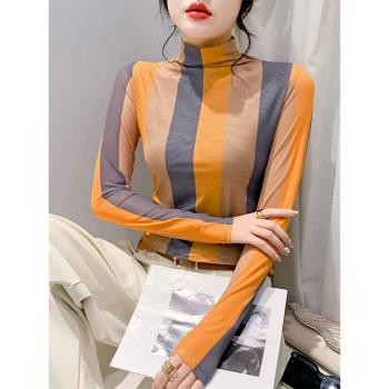 加絨加厚網紗打底衫女秋冬歐洲站洋氣上衣內搭高領長袖T恤小衫潮