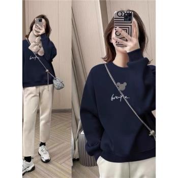 品牌女裝撿漏洋氣減齡加絨圓領衛衣韓版秋冬顯瘦套頭打底純棉上衣