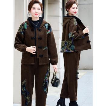 媽媽冬裝外套洋氣棉襖大碼中老年女秋冬季棉服加絨加厚燈芯絨套裝