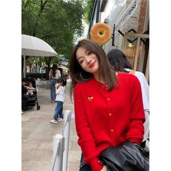 新年紅色秋冬女2024年新款針織衫開衫毛衣小個子外穿軟糯羊絨外套