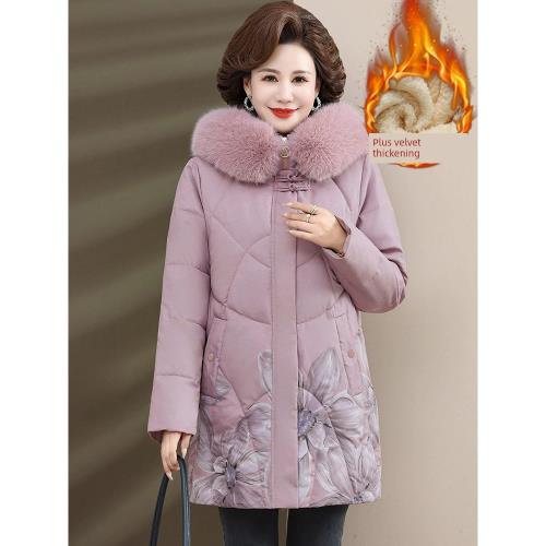 中年媽媽冬裝外套加絨棉衣2023新款中老年女裝冬季棉襖中長款棉服