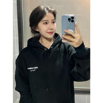 美式復古黑色連帽oversize衛衣外套女早秋季2025新款長袖上衣高階