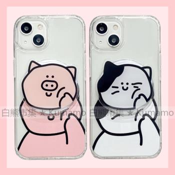 適用iphone15promax蘋果15手機殼MagSafe磁吸14支架13透明12韓風ins搞笑可愛小豬貓咪情侶女11無線充電保護套