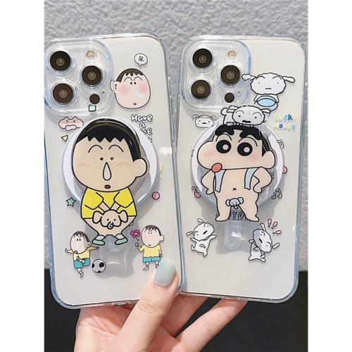可愛卡通創意小新阿呆磁吸支架適用蘋果15/14plus手機殼Magsafe無線充iphone13promax透明12/11全包防摔16pro