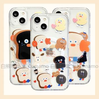 適用iphone15promax蘋果15手機殼MagSafe磁吸14支架13透明12韓風ins吐司麵包臘腸嘴情侶卡通11無線充電保護套