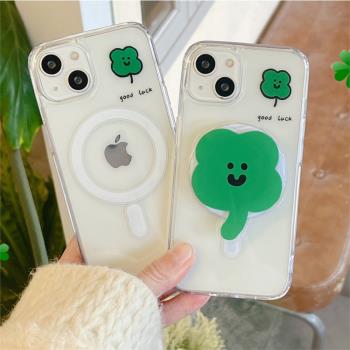 幸運四葉草適用蘋果15promax手機殼磁吸iPhone14全包透明13簡約12magsafe無線充電11ins風15帶支架硬殼保護套