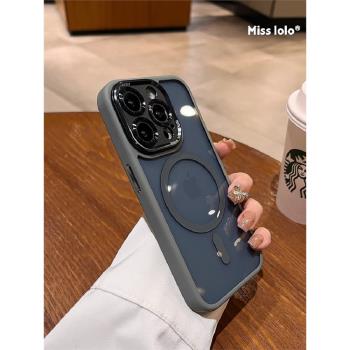 鈦灰色磁吸金屬鏡頭適用蘋果15promax手機殼新款14pro透明黑magsafe矽膠iphone15plus小眾高階感13pm保護套男