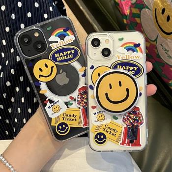 扭蛋機簡約笑臉適用蘋果15promax手機殼磁吸新款iPhone14氣囊支架13pro透明12magsafe無線充電11個性硬保護套