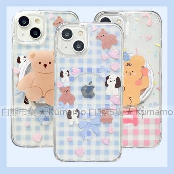 適用iphone15promax蘋果15手機殼MagSafe磁吸14支架13透明12韓風ins格子蝴蝶結小熊狗狗少女11無線充電保護套