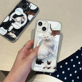 可愛緬因貓磁吸支架手機殼蘋果15promax透明適用iPhone14全包防摔13pm氣質12magsafe無線充電11簡約硬保護套