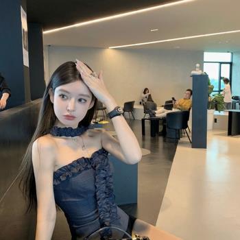 格紋抹胸掛脖上衣女純欲性感韓系修身氣質小眾吊帶背心