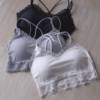 夏季無痕無鋼圈內衣裹胸女抹胸背心式厚杯小胸聚攏蕾絲美背文胸罩