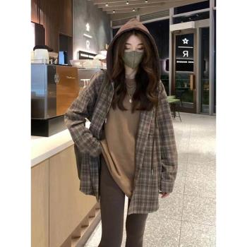 連帽格子長袖襯衫外套女春秋新款2024年設計感小眾別致寬松上衣潮